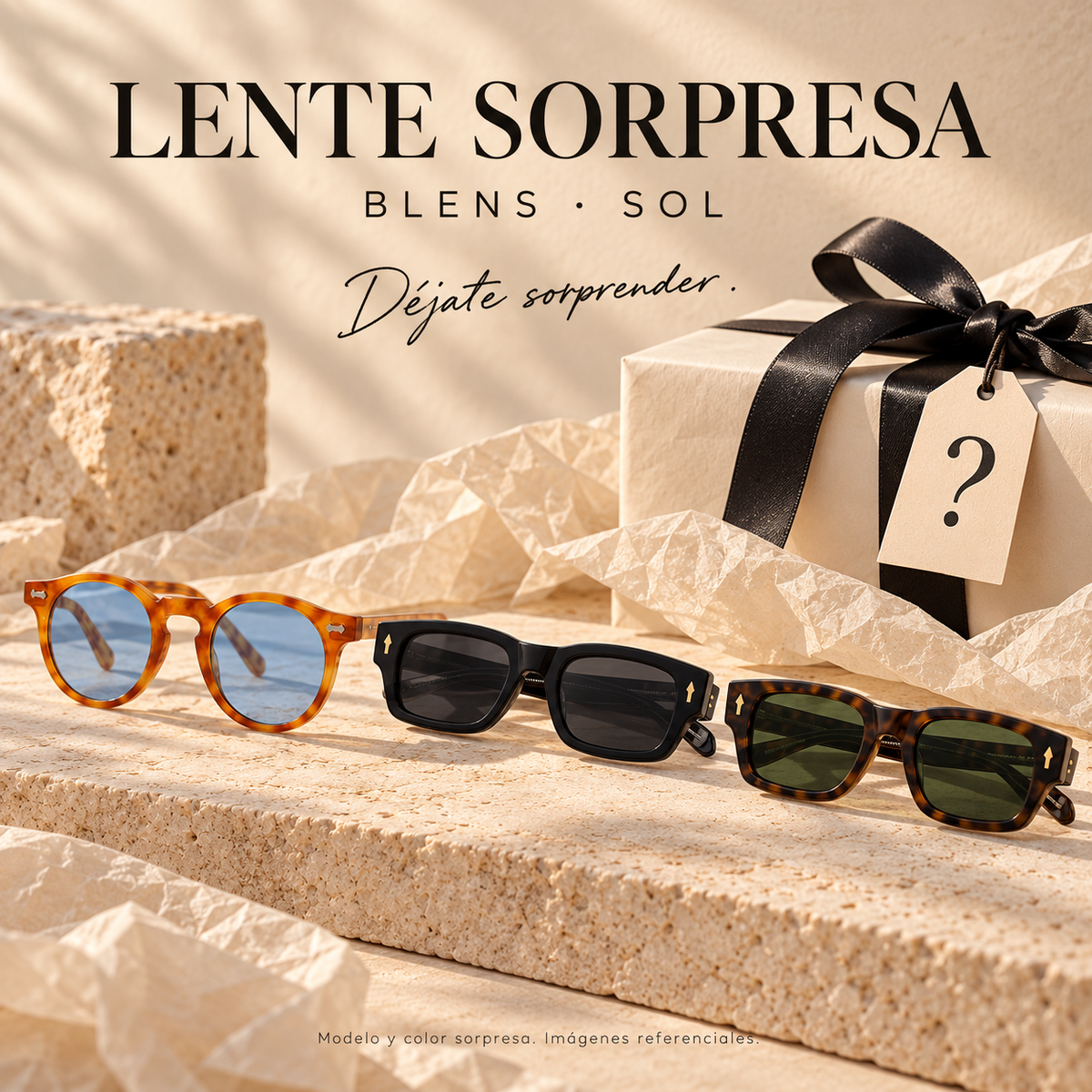 Lente Sorpresa BLENS Sol: varios modelos referenciales junto a un regalo